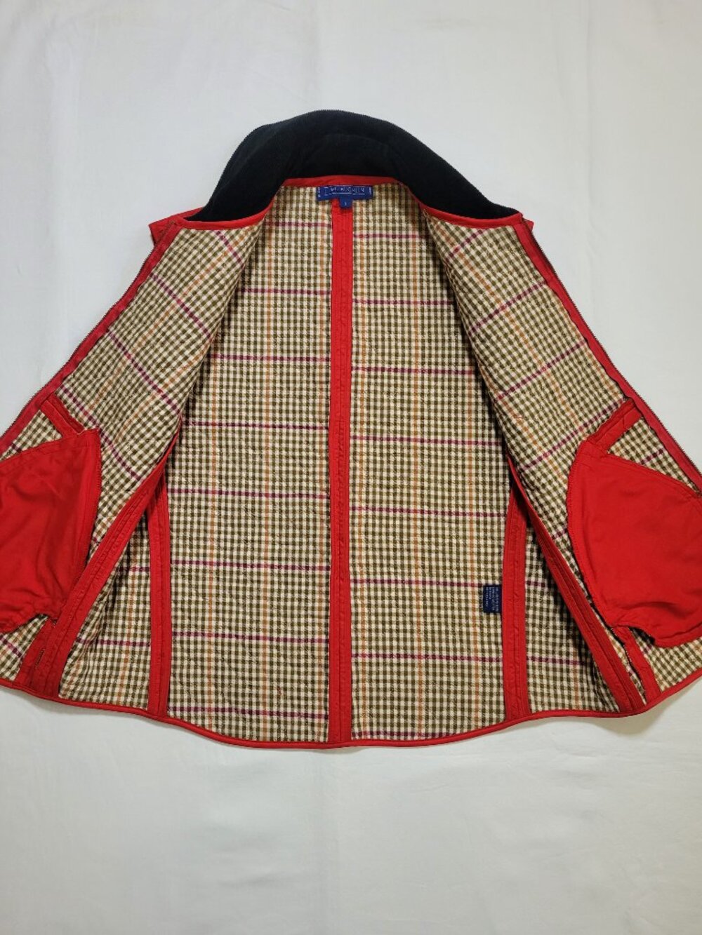 J McLaughlin Red Diamond Quilted Vest Corduroy Collar Plaid Lining Small Preppy - Picture 6 of 10